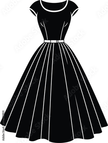 Vintage 1950s silhouette dress vector illustration with short sleeves, cinched waist, flared skirt, retro fashion design for classic style and elegance