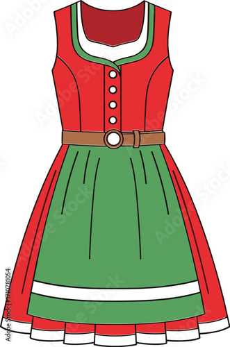 Traditional Bavarian dirndl dress vector illustration with red bodice, green apron, cultural folk costume design for Oktoberfest, festival, heritage, celebration themes