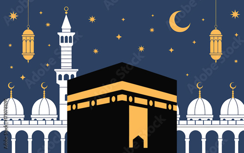 Kaaba Illustration with Mosque and Lanterns Under Starry Night in Islamic Theme Background for Ramadan and Eid Celebrations