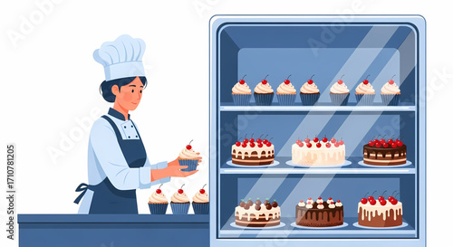 Baker Presents Cupcakes Next to Display Fridge Full of Desserts