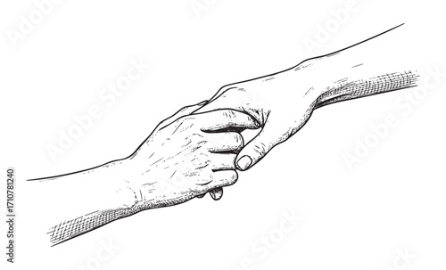 Compassionate Gesture of Holding Hands, Symbol of Support, Empathy, and Intergenerational Care, Hand Drawn Engraving
