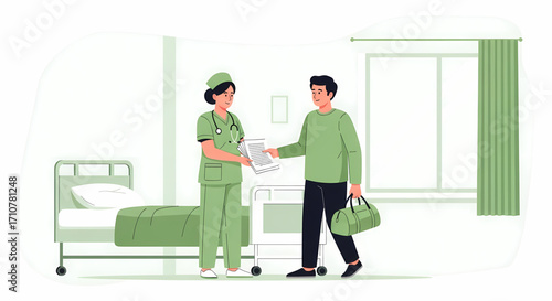Nurse handing medical documents to patient in hospital room