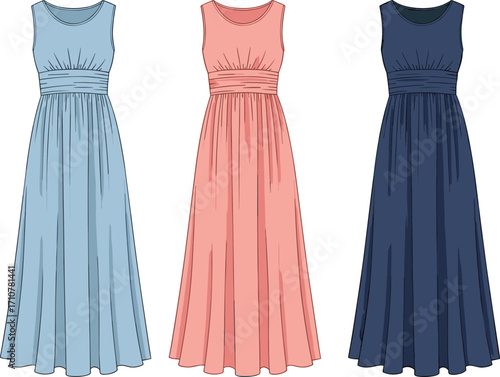 Elegant sleeveless maxi dresses in light blue, peach, and navy colors with pleated bodice, gathered waistline, and round neckline design illustration