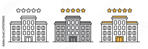 Hotel rating concept illustration featuring a one star rating a three star rating and a five star hotel rating