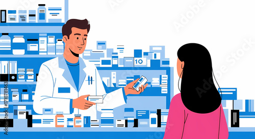 Pharmacist handing medication to a customer at a pharmacy counter with shelves of medicine.