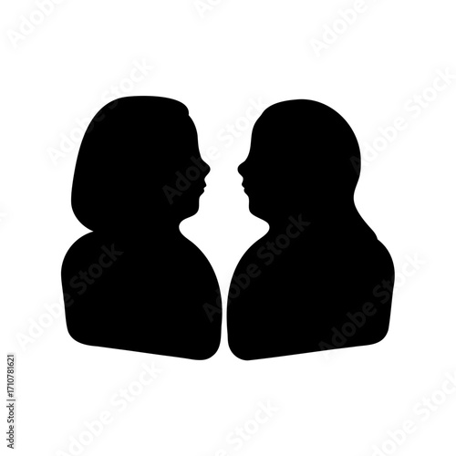 Silhouette of Two People in Profile, Facing Each Other, Isolated on White