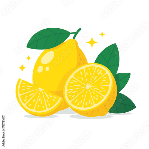 Fresh and Bright Lemons with Green Leaves and Sparkling Accents for a Zesty and Refreshing Illustration
