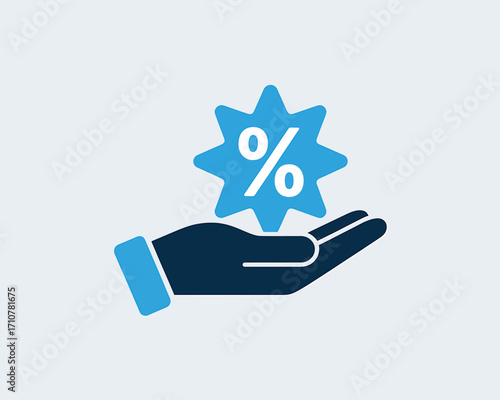 Offering Discount Promotion Hand Holding Percentage Sign Graphic Marketing Campaign Deal Special Offer Sale Reduced Price Value Blue and White Colors