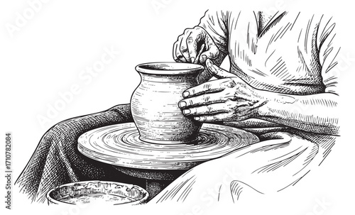 Detailed Hand Drawn Illustration of a Potter's Hands Creating a Ceramic Vase on a Pottery Wheel, Artisan Craftsmanship Sketch