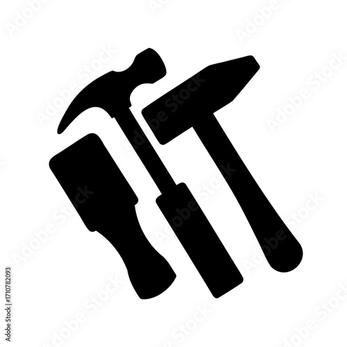Black Silhouette of Hand Tools Including Hammer and Wood Chisel on White Background