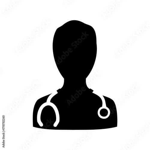 Silhouette of medical professional wearing stethoscope, doctor or nurse icon, healthcare concept