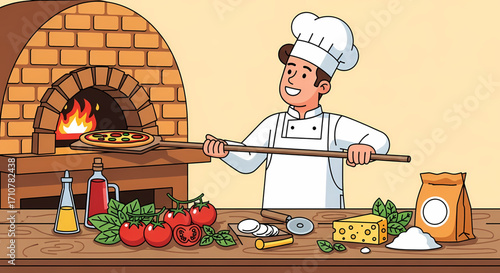 Chef uses pizza peel to remove pizza from brick oven, surrounded by fresh ingredients