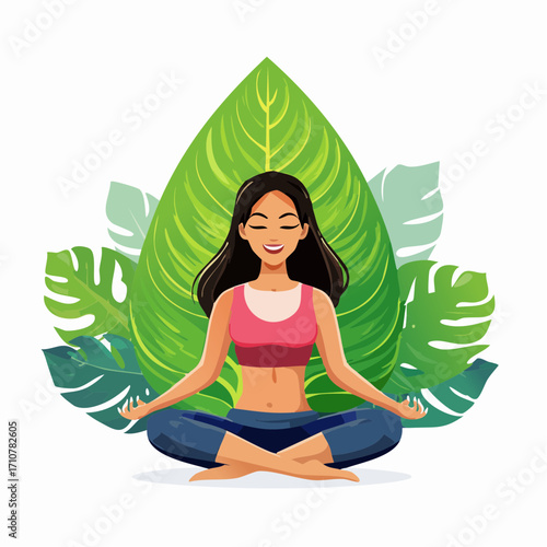 Woman meditating serene pose surrounded by tropical leaves wellness lifestyle relaxation