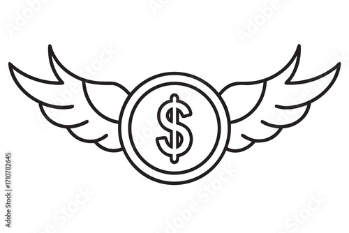 Line art illustration of a winged dollar symbol with financial elements