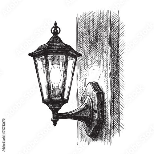 Elegant Vintage Outdoor Wall Lantern Mounted on a Post, Classic Gaslight Style Sconce, Hand Drawn Engraving Illustration