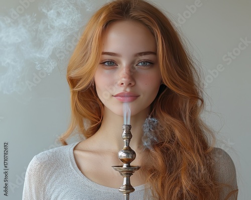 Close-up of a young woman with long, reddish-brown hair, exhaling smoke from a hookah
