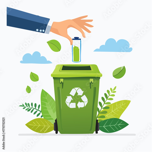 Hand placing battery in recycling bin surrounded by leaves environmental awareness