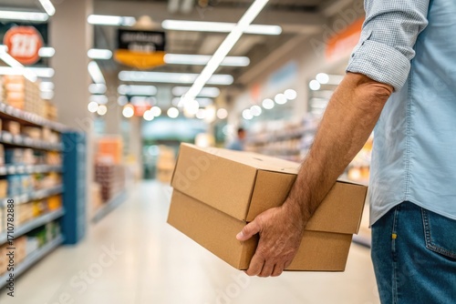 Man Carrying a Brown Box in a Grocery Store Aisle During Daytime