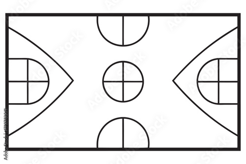 Line drawing of a standard basketball court with markings