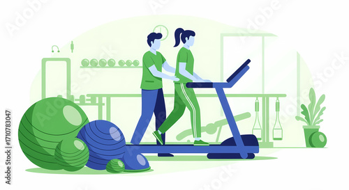 Fitness instructor assisting person on treadmill in gym setting
