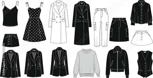 Vector fashion flat sketch collection of women’s clothing including dresses, tops, outerwear, pants, skirts, and jackets in monochrome style