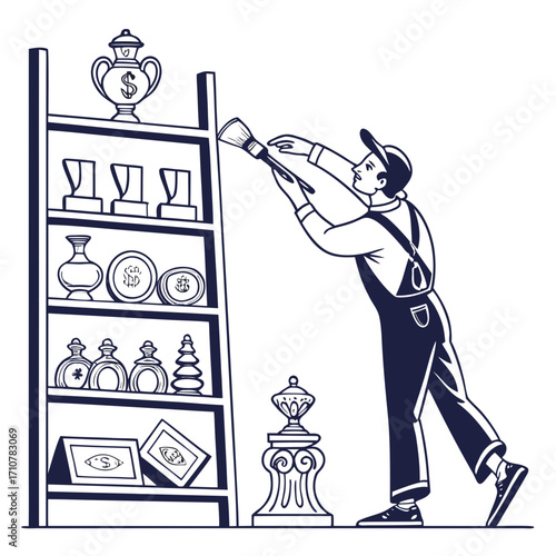 A collector carefully dusting a shelf of rare figurines with a soft brush