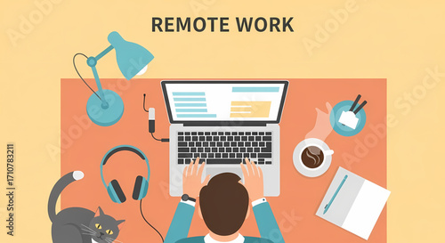 Remote Work Scene with Laptop, Headphones, Coffee, Cat, and Desk Lamp