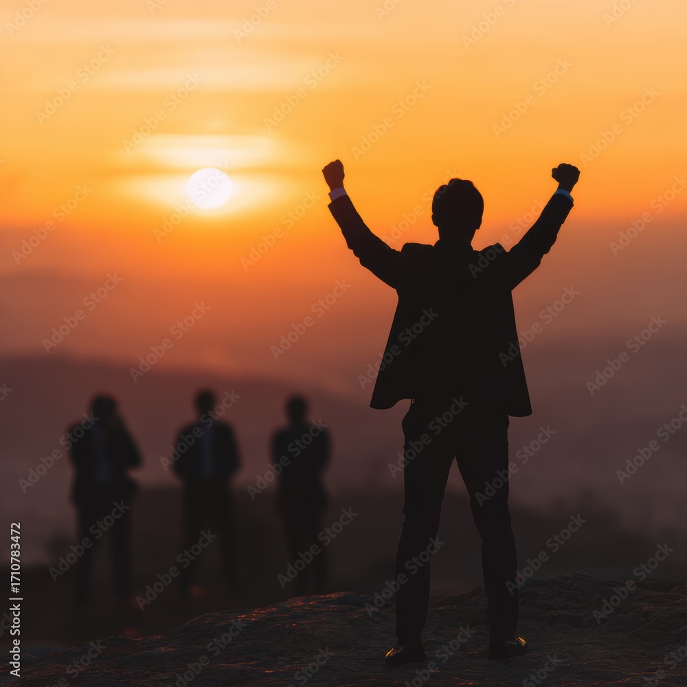 Fototapeta premium Silhouette of business team stand and feel happy on the most hight at the mountain on sunset, success, leader, teamwork, target, Aim, confident, achievement, goal, on plan, finish, generate by AI