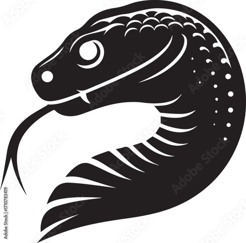 Intricate serpent head silhouette with forked tongue flicking symbolizing danger and mysticism