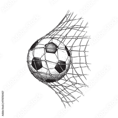 soccer football ball in goal net engraving vector style