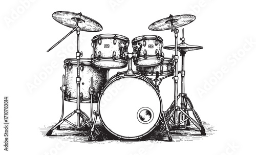 drum set music instrument engraving vector style