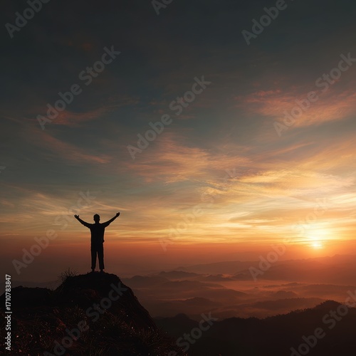 Wallpaper Mural Silhouette of business male stand and feel happy on the most hight at the mountain on sunset, success, leader, teamwork, target, Aim, confident, achievement, goal, on plan, finish, generate by AI Torontodigital.ca