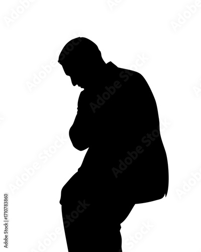 one caucasian man portrait silhouette backside sad despair lonely in studio white background .
