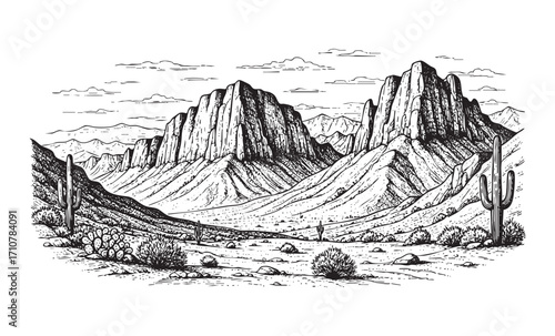 rock ranges panorama landscape engraving vector style