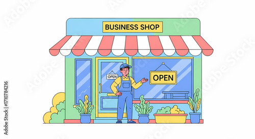 Friendly shopkeeper welcomes customers to an open business with a sign