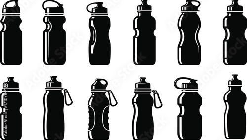 Black and white silhouette collection of twelve unique water bottle designs with various shapes, caps, and ergonomic styles for sports and travel