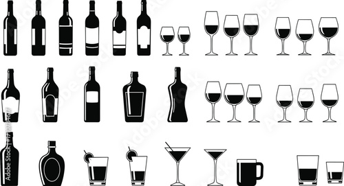 Black and white silhouette collection of bottles, wine glasses, cocktail glasses, mugs, and decanter for bar, drinkware, beverage vector illustration