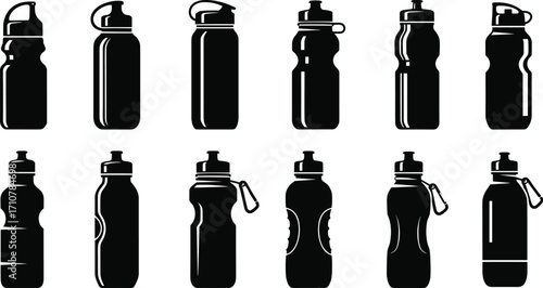 Black and white silhouette collection of twelve unique water bottle designs with various shapes, caps, and ergonomic styles for sports and travel