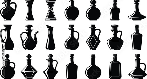Black and white silhouette collection of twenty unique bottle and decanter shapes in various styles for design, packaging, and decoration concepts