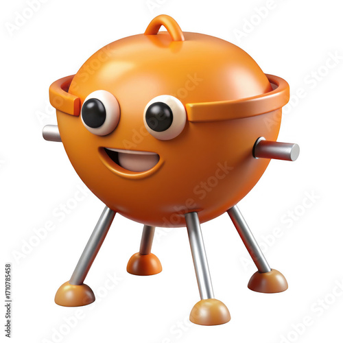 Cute cartoon barbecue grill character with googly eyes and smiling face isolated on transparent background