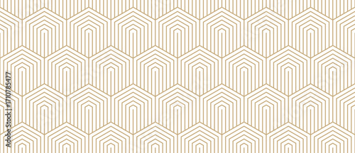Wallpaper Mural Golden vector minimal seamless pattern with hexagons, lines. Gold and white abstract geometric background with hexagonal grid. Simple minimalist linear texture. Modern repeated design for decor, print Torontodigital.ca