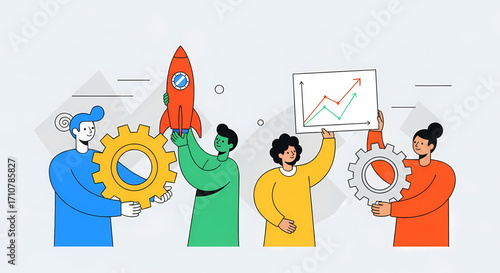 Diverse team collaborating on project launch with gears and growth chart