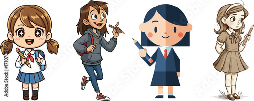 Cartoon students with pencils, children illustration, school kids drawing, creative education characters, vector design, learning activity, cute pupils, classroom art scene