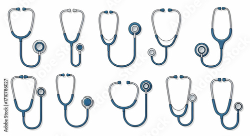 Collection of medical stethoscopes in various styles, isolated on white background
