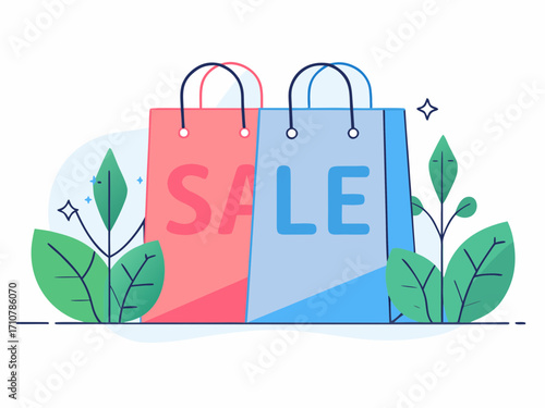 Sale Shopping Bags with Plants Illustration for Retail Promotion and Seasonal Discount Offers