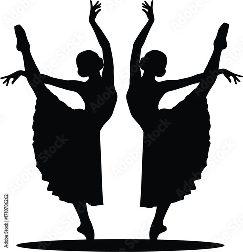 Black and white silhouette vector of two ballet dancers performing symmetrical pose with flowing skirts for dance, performance, art, and elegance design