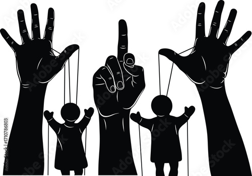 Black and white vector illustration of giant controlling hands manipulating human puppets on strings, symbolizing power, control, influence, authority, manipulation, dominance