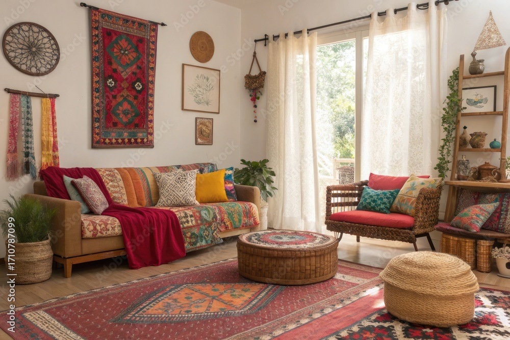 Fototapeta premium Cozy Living Room With Vibrant Textiles and Natural Light During the Day