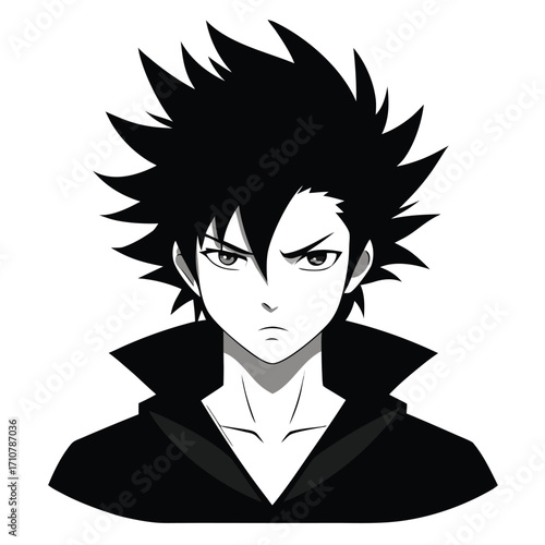 Intense anime character portrait with spiky black hair and determined expression