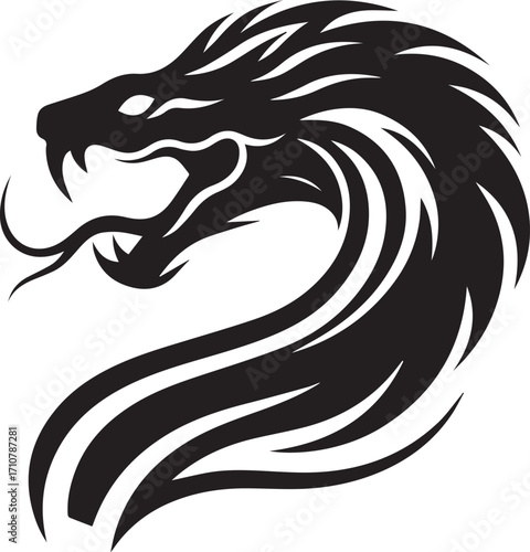 Fierce black dragon head with open mouth and forked tongue silhouette
